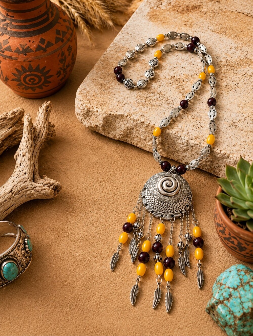 Southwest Stretch Boho Necklace – Silver Medallion Pendant Burgundy & Yellow